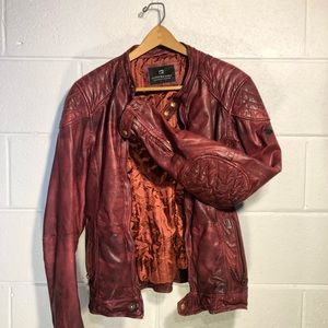 Scotch & Soda Men’s Hand-Dyed Leather Motorcycle Jacket in ox blood red, Medium